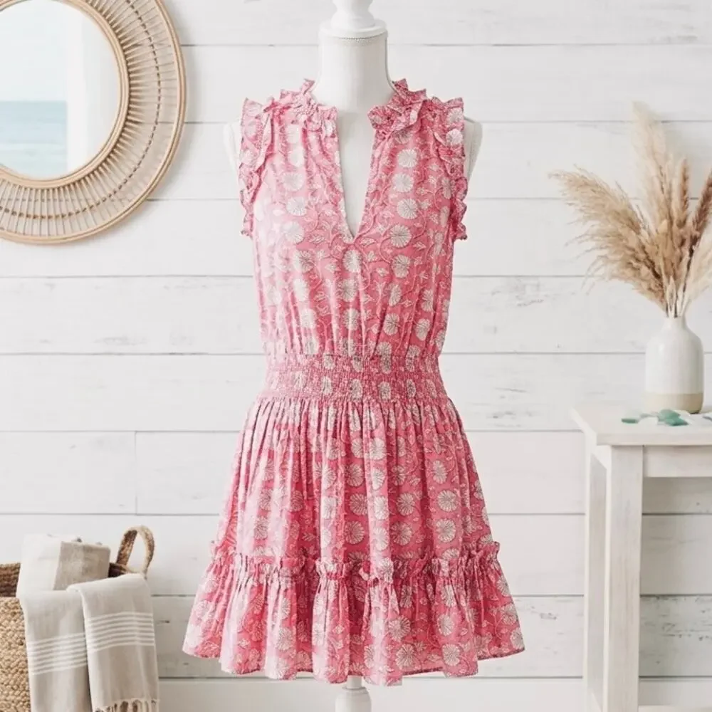 Anna Cate Morgan Dress Pink Floral Smocked Mini cotton Ruffle Sz S boho coastal - Picture 1 of 7